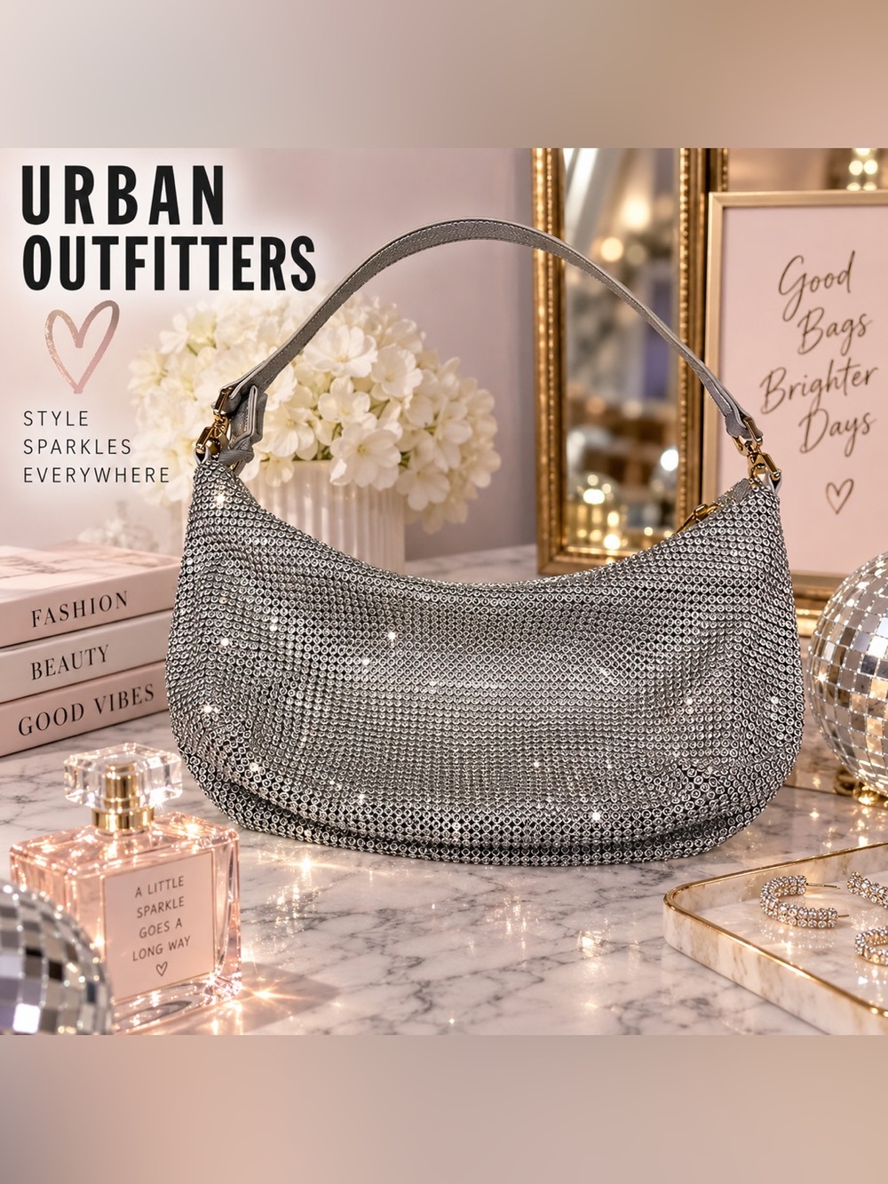 ✨ Urban Outfitters Freya Metallic Silver Rhinestone Hobo Shoulder Bag ✨